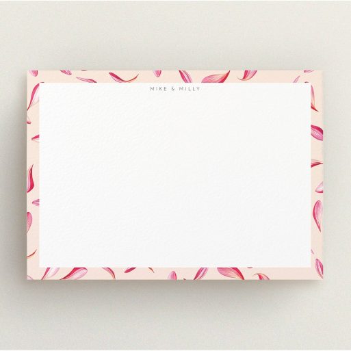 Custom Writing Stationery Design (Couples) - "Falling petals" A couples custom writing stationery named "Falling petals". It is an A5 card in a landscape orientation. "Falling petals" is available as a flat card, with tones of faded yellow and light pink.