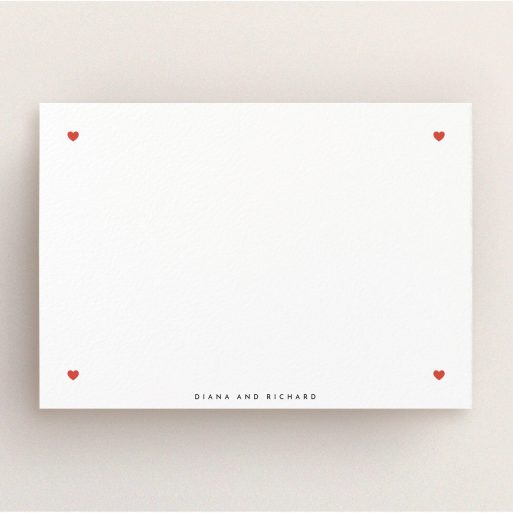 Custom Writing Stationery Design (Couples) - "Four corners of hearts" A couples custom writing stationery called "Four corners of hearts". It is an A5 card in a landscape orientation. "Four corners of hearts" is available as a flat card, with tones of white and red.