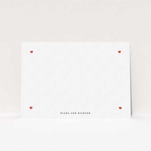 A couples custom writing stationery called "Four corners of hearts". It is an A5 card in a landscape orientation. "Four corners of hearts" is available as a flat card, with tones of white and red.