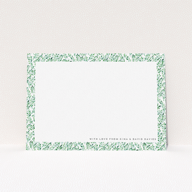 A couples custom writing stationery design called "From the hedge". It is an A5 card in a landscape orientation. "From the hedge" is available as a flat card, with tones of green and white.