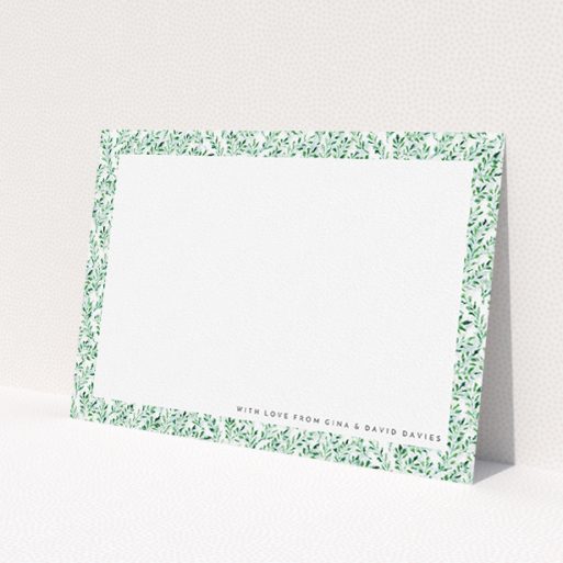 A couples custom writing stationery design called 'From the hedge'. It is an A5 card in a landscape orientation. 'From the hedge' is available as a flat card, with tones of green and white.