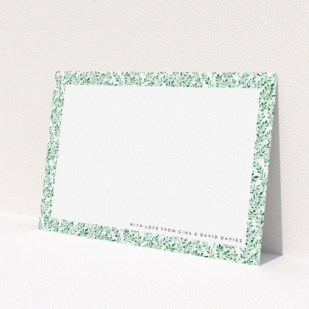 A couples custom writing stationery design called "From the hedge". It is an A5 card in a landscape orientation. "From the hedge" is available as a flat card, with tones of green and white.