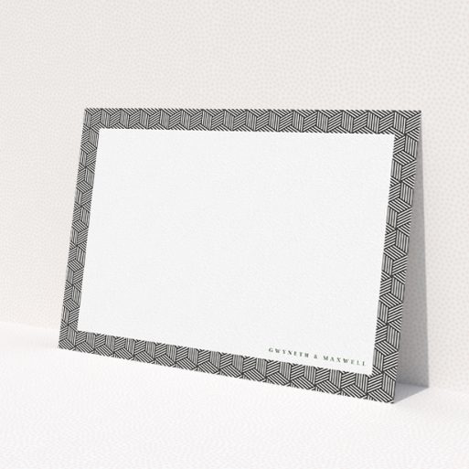 A couples custom writing stationery design named 'Geometric boxes'. It is an A5 card in a landscape orientation. 'Geometric boxes' is available as a flat card, with tones of black and white.