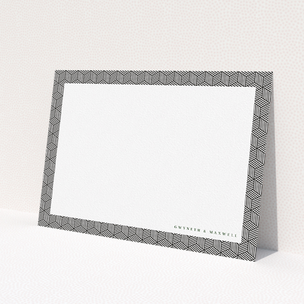 A couples custom writing stationery design named "Geometric boxes". It is an A5 card in a landscape orientation. "Geometric boxes" is available as a flat card, with tones of black and white.