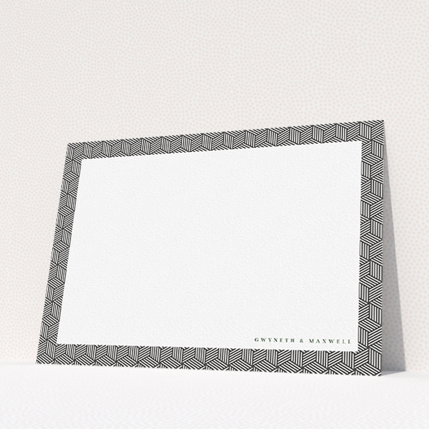 A couples custom writing stationery design named "Geometric boxes". It is an A5 card in a landscape orientation. "Geometric boxes" is available as a flat card, with tones of black and white.