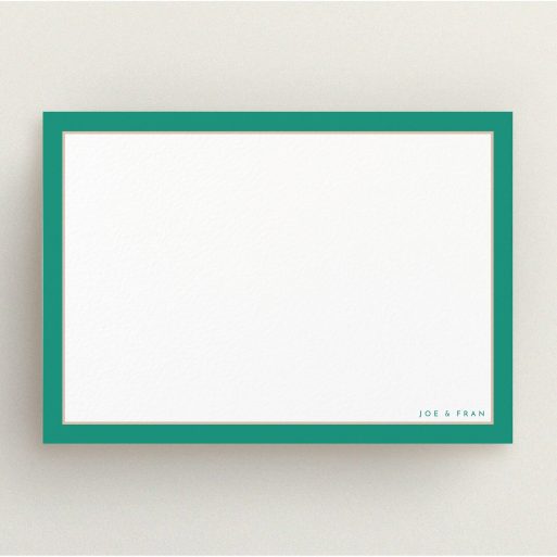 Custom Writing Stationery Design (Couples) - "Green and salmon border" A couples custom writing stationery called "Green and salmon border". It is an A5 card in a landscape orientation. "Green and salmon border" is available as a flat card, with tones of green and white.