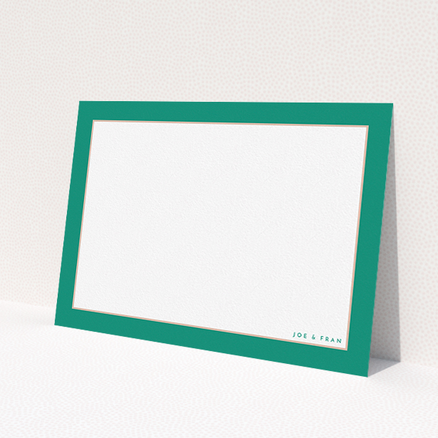 A couples custom writing stationery called "Green and salmon border". It is an A5 card in a landscape orientation. "Green and salmon border" is available as a flat card, with tones of green and white.
