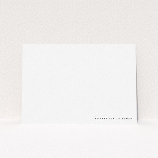 A couples custom writing stationery design called "Hollywood". It is an A5 card in a landscape orientation. "Hollywood" is available as a flat card, with mainly white colouring.
