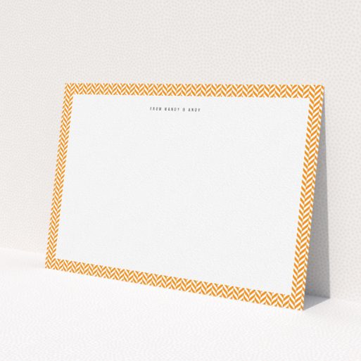 A couples custom writing stationery design called 'Hounds Tooth Orange'. It is an A5 card in a landscape orientation. 'Hounds Tooth Orange' is available as a flat card, with tones of orange and white.