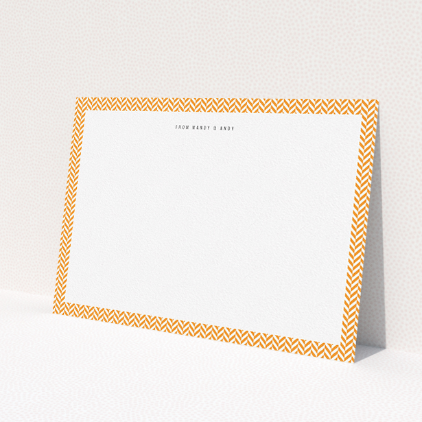 A couples custom writing stationery design called "Hounds Tooth Orange". It is an A5 card in a landscape orientation. "Hounds Tooth Orange" is available as a flat card, with tones of orange and white.
