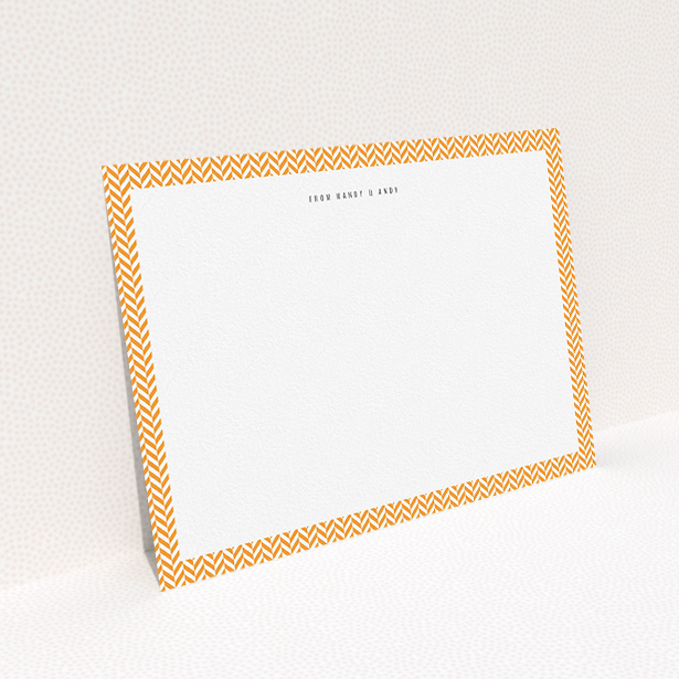 A couples custom writing stationery design called "Hounds Tooth Orange". It is an A5 card in a landscape orientation. "Hounds Tooth Orange" is available as a flat card, with tones of orange and white.