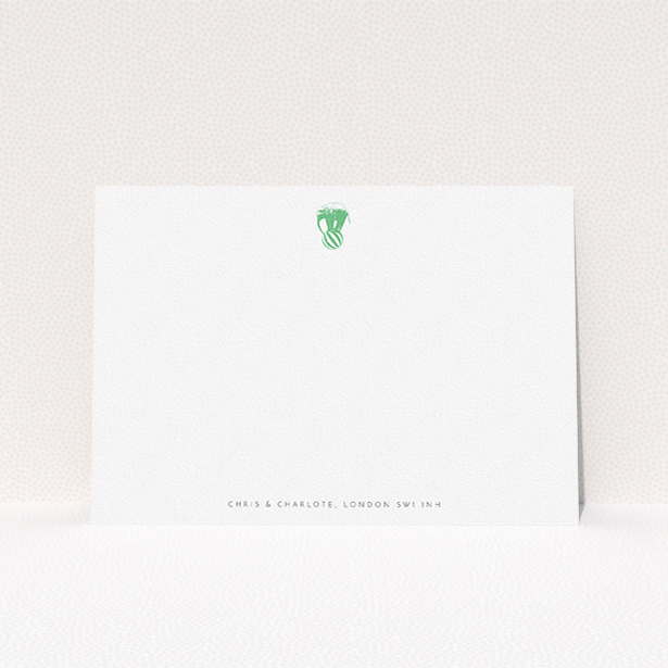 A couples custom writing stationery named "Impossible elephant". It is an A5 card in a landscape orientation. "Impossible elephant" is available as a flat card, with tones of white and green.