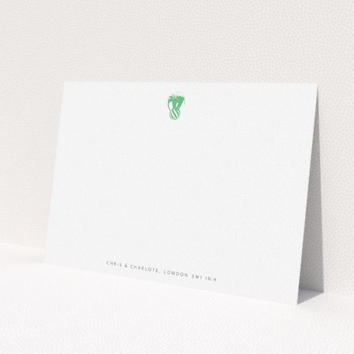 A couples custom writing stationery named 'Impossible elephant'. It is an A5 card in a landscape orientation. 'Impossible elephant' is available as a flat card, with tones of white and green.