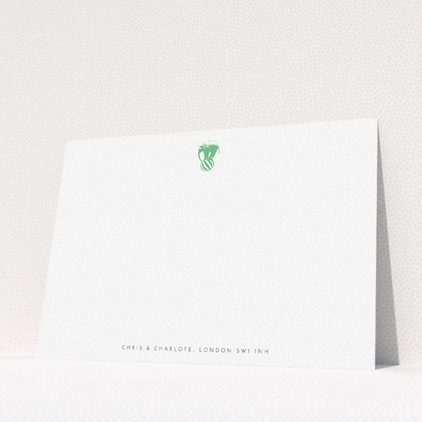 A couples custom writing stationery named "Impossible elephant". It is an A5 card in a landscape orientation. "Impossible elephant" is available as a flat card, with tones of white and green.
