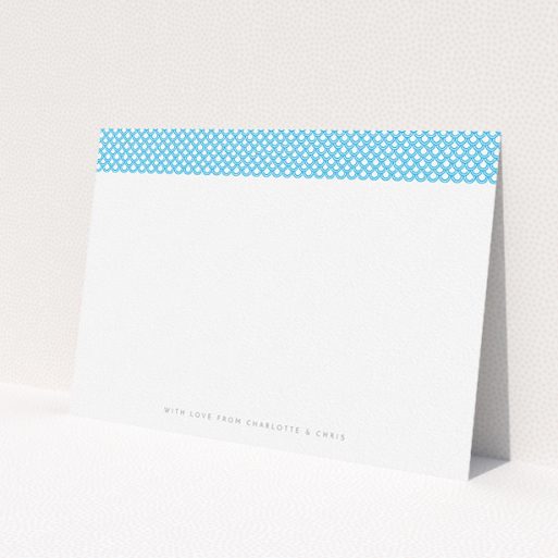 A couples custom writing stationery design named 'Japanese blue'. It is an A5 card in a landscape orientation. 'Japanese blue' is available as a flat card, with tones of blue and white.