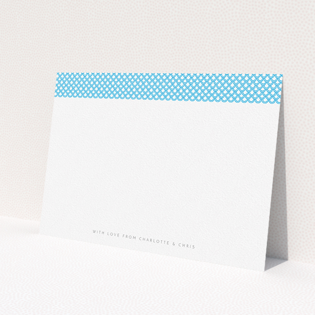 A couples custom writing stationery design named "Japanese blue". It is an A5 card in a landscape orientation. "Japanese blue" is available as a flat card, with tones of blue and white.