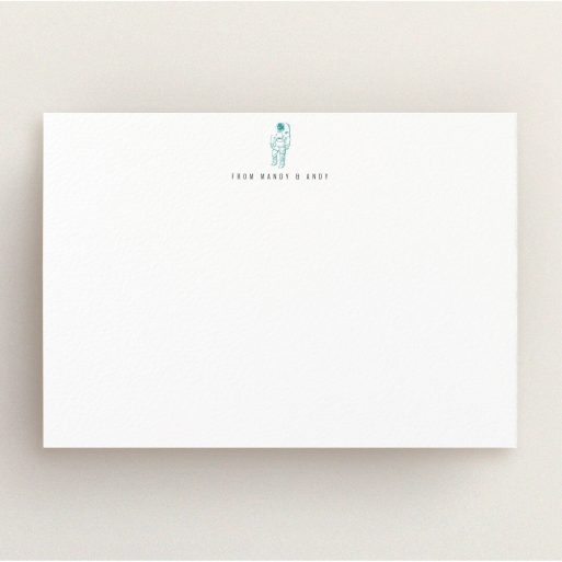 Custom Writing Stationery Design (Couples) - "One small step" A couples custom writing stationery called "One small step". It is an A5 card in a landscape orientation. "One small step" is available as a flat card, with tones of white and blue.