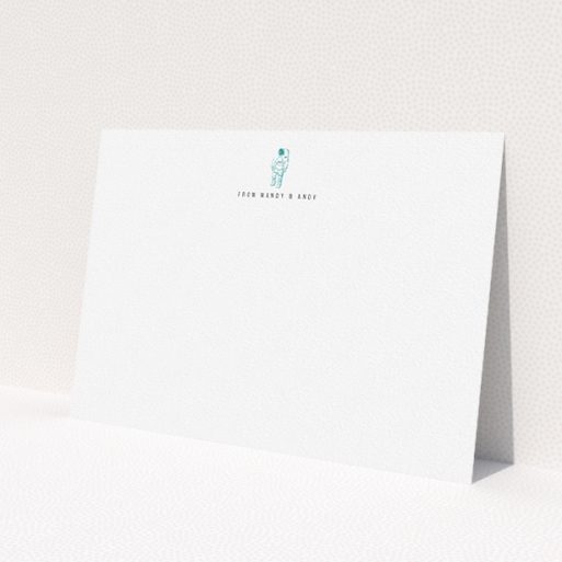 A couples custom writing stationery called 'One small step'. It is an A5 card in a landscape orientation. 'One small step' is available as a flat card, with tones of white and blue.