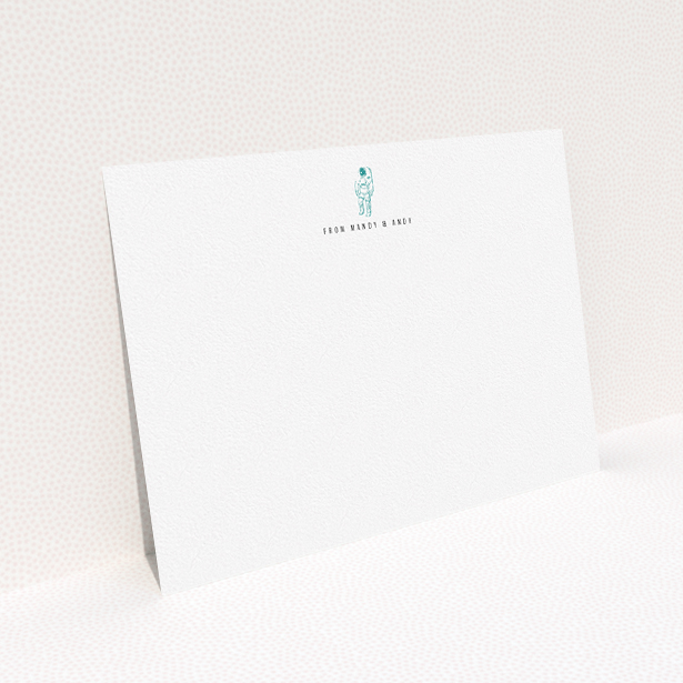 A couples custom writing stationery called "One small step". It is an A5 card in a landscape orientation. "One small step" is available as a flat card, with tones of white and blue.
