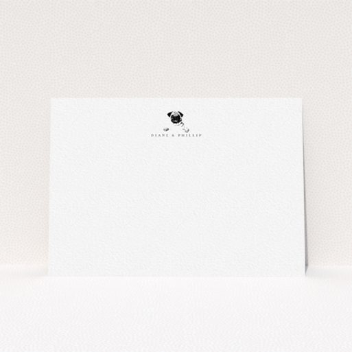 A couples custom writing stationery template titled "Over the wall". It is an A6 card in a landscape orientation. "Over the wall" is available as a flat card, with tones of white and black.