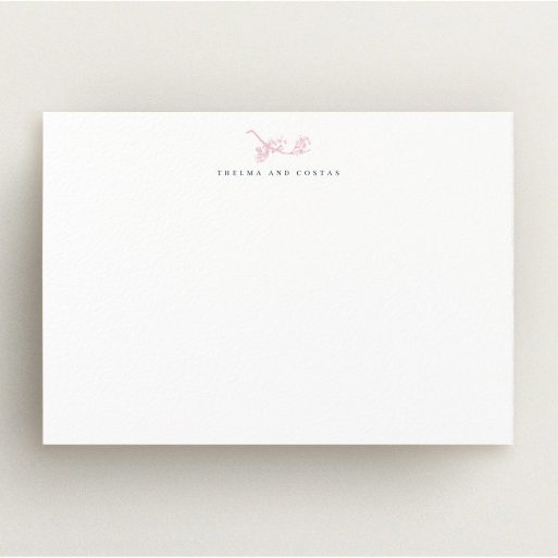Custom Writing Stationery Design (Couples) - "Pink Blossom" A couples custom writing stationery template titled "Pink Blossom". It is an A5 card in a landscape orientation. "Pink Blossom" is available as a flat card, with tones of white and pink.
