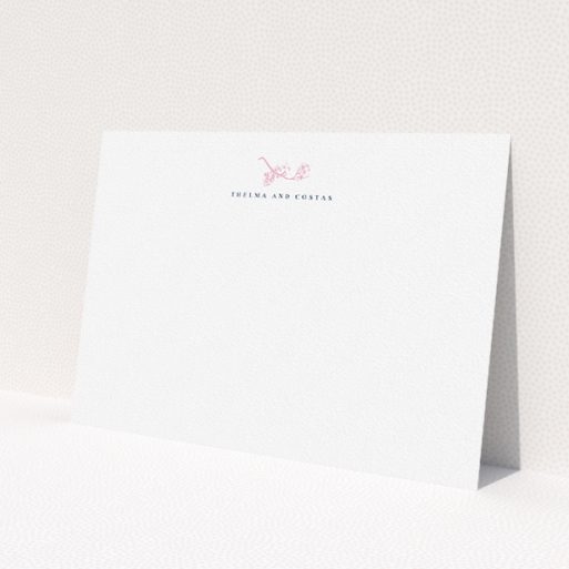 A couples custom writing stationery template titled 'Pink Blossom'. It is an A5 card in a landscape orientation. 'Pink Blossom' is available as a flat card, with tones of white and pink.