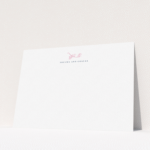 A couples custom writing stationery template titled "Pink Blossom". It is an A5 card in a landscape orientation. "Pink Blossom" is available as a flat card, with tones of white and pink.