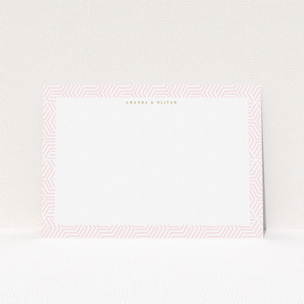 A couples custom writing stationery design titled "Pink corners". It is an A5 card in a landscape orientation. "Pink corners" is available as a flat card, with tones of pink and white.