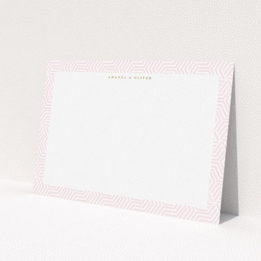 A couples custom writing stationery design titled 'Pink corners'. It is an A5 card in a landscape orientation. 'Pink corners' is available as a flat card, with tones of pink and white.