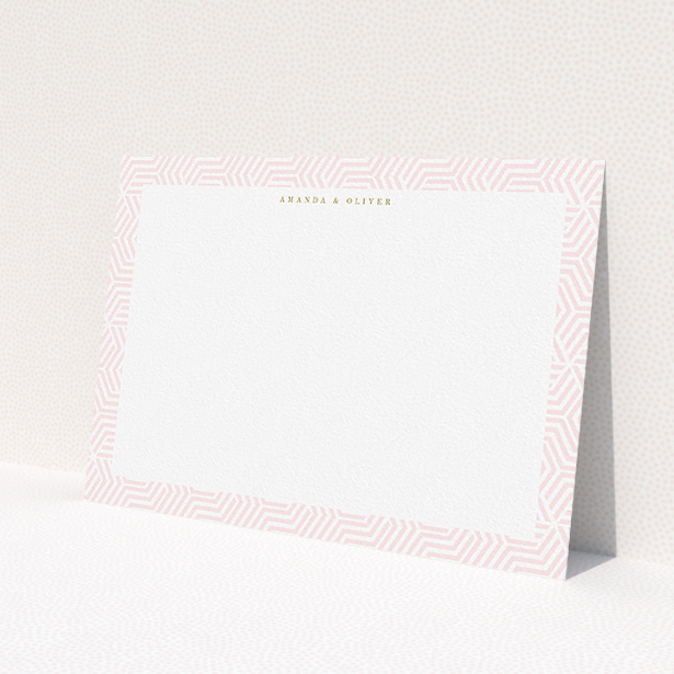 A couples custom writing stationery design titled 'Pink corners'. It is an A5 card in a landscape orientation. 'Pink corners' is available as a flat card, with tones of pink and white.