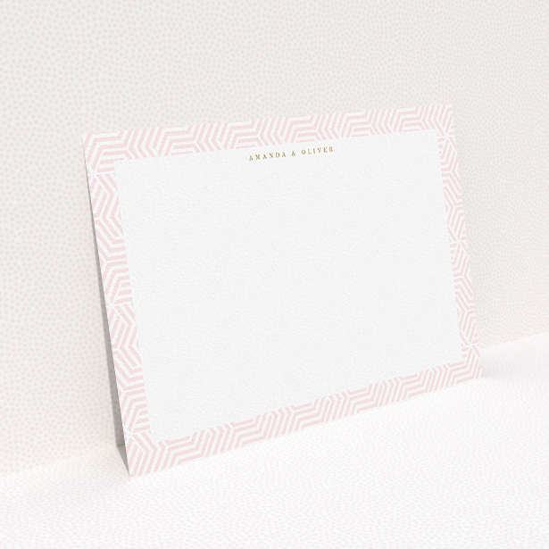 A couples custom writing stationery design titled "Pink corners". It is an A5 card in a landscape orientation. "Pink corners" is available as a flat card, with tones of pink and white.