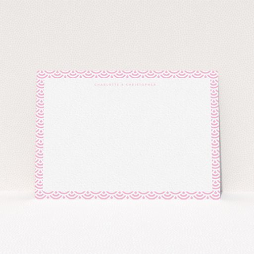 A couples custom writing stationery template titled "Pink Fan Pattern". It is an A6 card in a landscape orientation. "Pink Fan Pattern" is available as a flat card, with tones of pink and white.