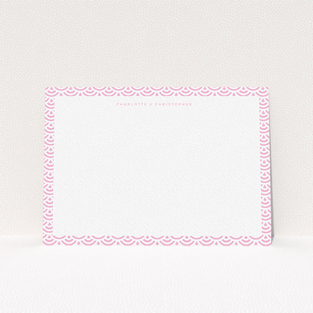 A couples custom writing stationery template titled "Pink Fan Pattern". It is an A6 card in a landscape orientation. "Pink Fan Pattern" is available as a flat card, with tones of pink and white.