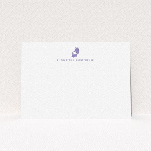 A couples custom writing stationery template titled "Purple sound". It is an A6 card in a landscape orientation. "Purple sound" is available as a flat card, with tones of white and purple.