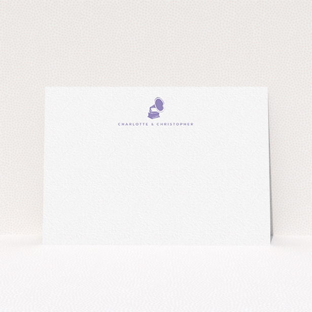 A couples custom writing stationery template titled "Purple sound". It is an A6 card in a landscape orientation. "Purple sound" is available as a flat card, with tones of white and purple.
