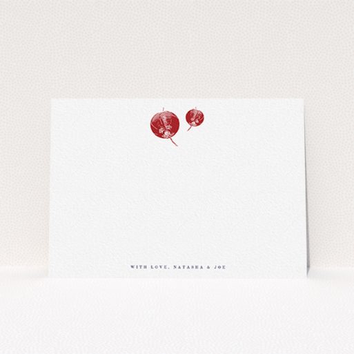 A couples custom writing stationery design titled "Shanghai Nights". It is an A6 card in a landscape orientation. "Shanghai Nights" is available as a flat card, with tones of white and red.