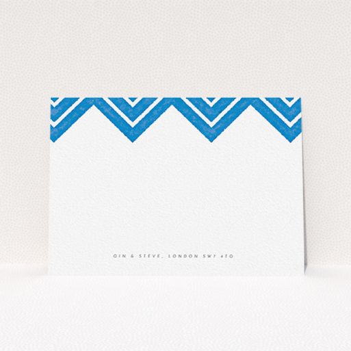 A couples custom writing stationery design named "Skiapthos". It is an A6 card in a landscape orientation. "Skiapthos" is available as a flat card, with tones of blue and white.