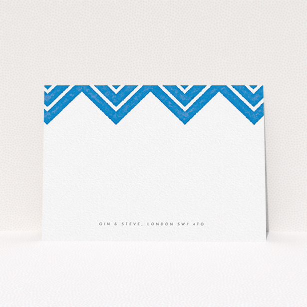 A couples custom writing stationery design named "Skiapthos". It is an A6 card in a landscape orientation. "Skiapthos" is available as a flat card, with tones of blue and white.