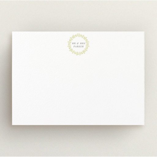 Custom Writing Stationery Design (Couples) - "Somerset Garland" A couples custom writing stationery design named "Somerset Garland". It is an A5 card in a landscape orientation. "Somerset Garland" is available as a flat card, with tones of white and gold.