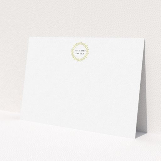 A couples custom writing stationery design named 'Somerset Garland'. It is an A5 card in a landscape orientation. 'Somerset Garland' is available as a flat card, with tones of white and gold.