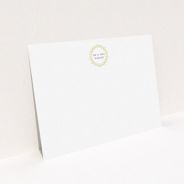 A couples custom writing stationery design named "Somerset Garland". It is an A5 card in a landscape orientation. "Somerset Garland" is available as a flat card, with tones of white and gold.
