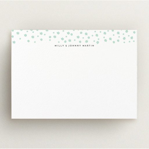 Custom Writing Stationery Design (Couples) - "Stars at night" A couples custom writing stationery design titled "Stars at night". It is an A5 card in a landscape orientation. "Stars at night" is available as a flat card, with tones of white and green.