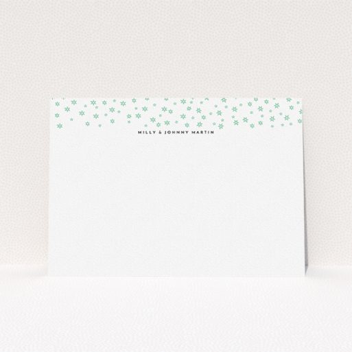 A couples custom writing stationery design titled "Stars at night". It is an A5 card in a landscape orientation. "Stars at night" is available as a flat card, with tones of white and green.
