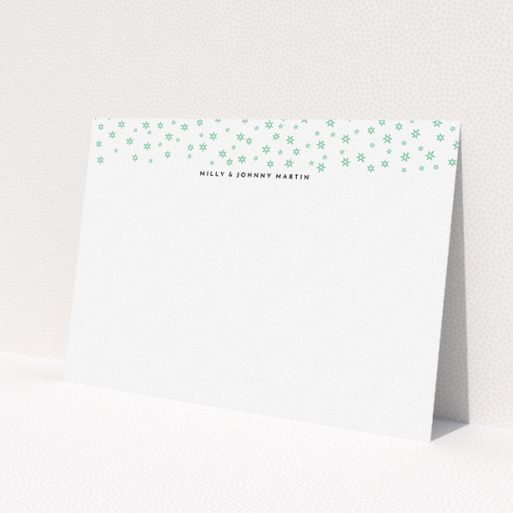 A couples custom writing stationery design titled 'Stars at night'. It is an A5 card in a landscape orientation. 'Stars at night' is available as a flat card, with tones of white and green.