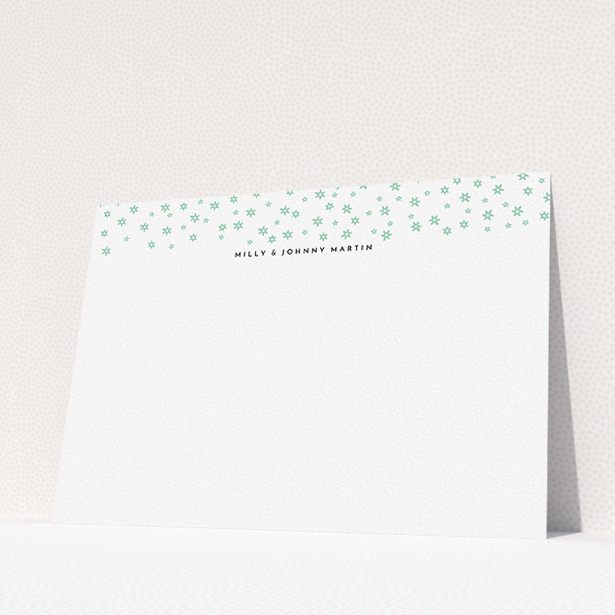 A couples custom writing stationery design titled "Stars at night". It is an A5 card in a landscape orientation. "Stars at night" is available as a flat card, with tones of white and green.