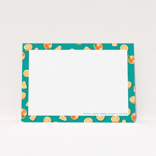 A couples custom writing stationery design titled "Summer oranges". It is an A6 card in a landscape orientation. "Summer oranges" is available as a flat card, with tones of white, orange and green.