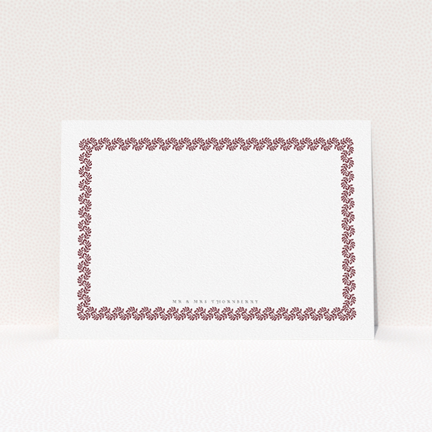 A couples custom writing stationery design titled "Surrounded by the garden maroon". It is an A5 card in a landscape orientation. "Surrounded by the garden maroon" is available as a flat card, with tones of burgundy and white.