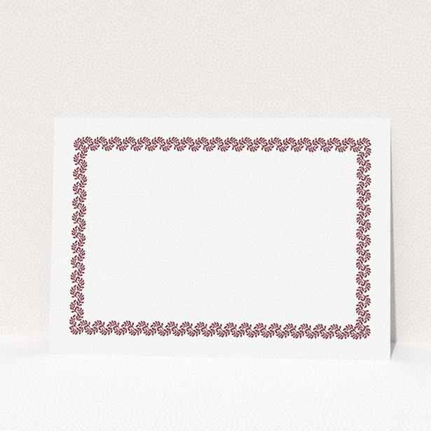 A couples custom writing stationery design titled "Surrounded by the garden maroon". It is an A5 card in a landscape orientation. "Surrounded by the garden maroon" is available as a flat card, with tones of burgundy and white.