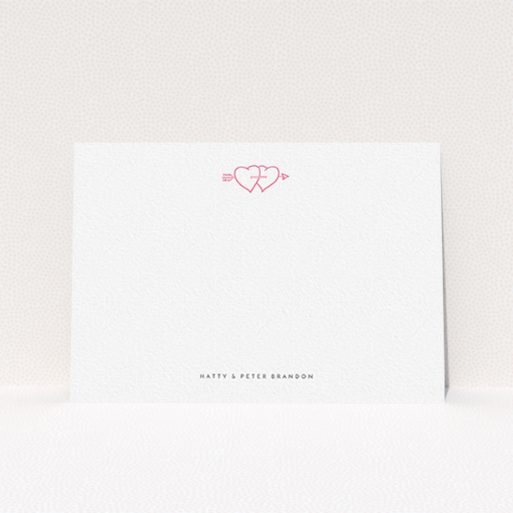 A couples custom writing stationery design titled "Through the hearts". It is an A6 card in a landscape orientation. "Through the hearts" is available as a flat card, with tones of white and pink.