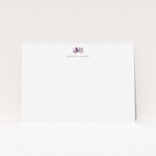 A couples custom writing stationery named "Two little daisies". It is an A5 card in a landscape orientation. "Two little daisies" is available as a flat card, with tones of white and purple.